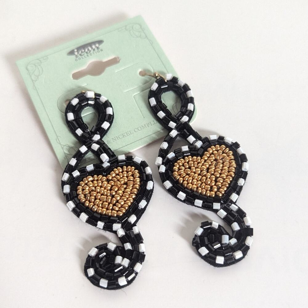 Trendy Abstract Music Note Hearts Seed Bead Beaded Dangle Hook Earrings NWT
